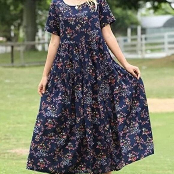 Women's 2X Blue Floral Casual Curvy Babydoll Midi PLUS Short Sleeve Cotton Dress - Picture 8 of 9